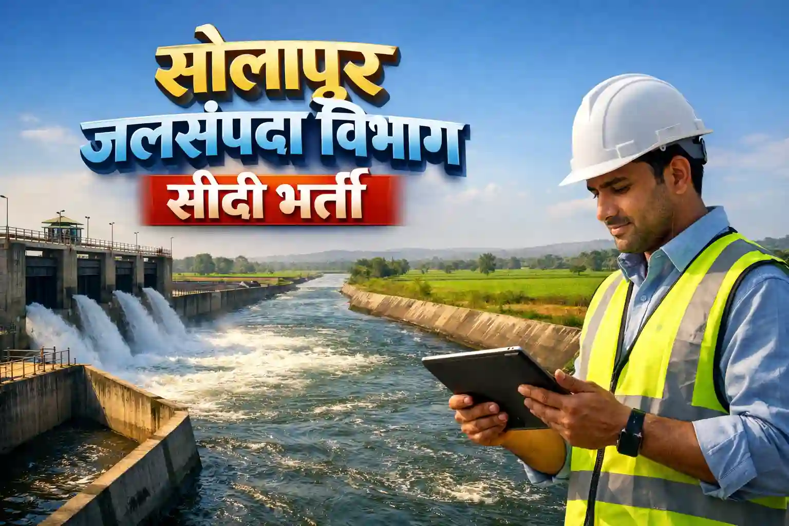 Jalsampada Vibhag Solapur Junior Engineer Recruitment 2026 feature image showing a civil engineer at a dam site.