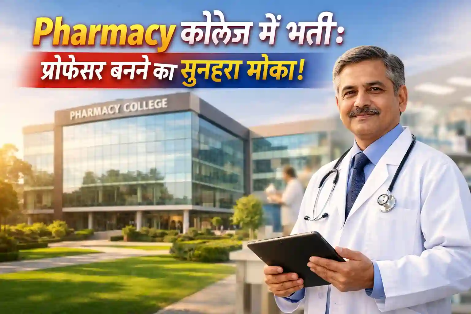 Professional professor standing in front of Bombay College of Pharmacy building, recruitment 2026 concept.