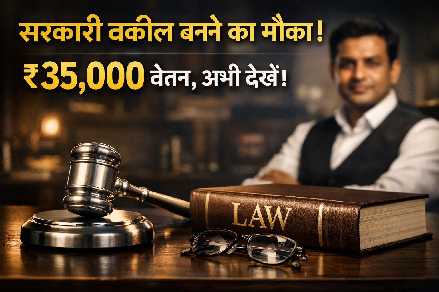DLSA अहिल्यानगर भर्ती 2026 के लिए कानूनी हथौड़ा और वकील की मेज का यथार्थवादी दृश्य।