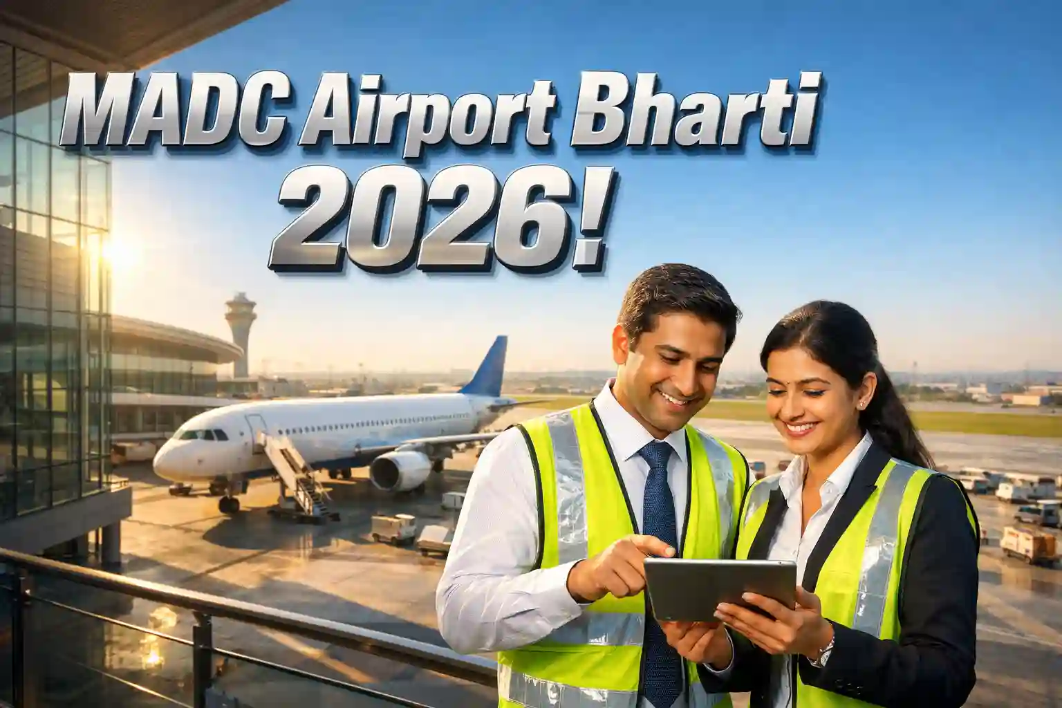 महाराष्ट्र विमानतळ विकास कंपनी (MADC) में नई भर्ती का आधिकारिक पोस्टर जिसमें एयरपोर्ट और प्रोफेशनल्स दिखाई दे रहे हैं।