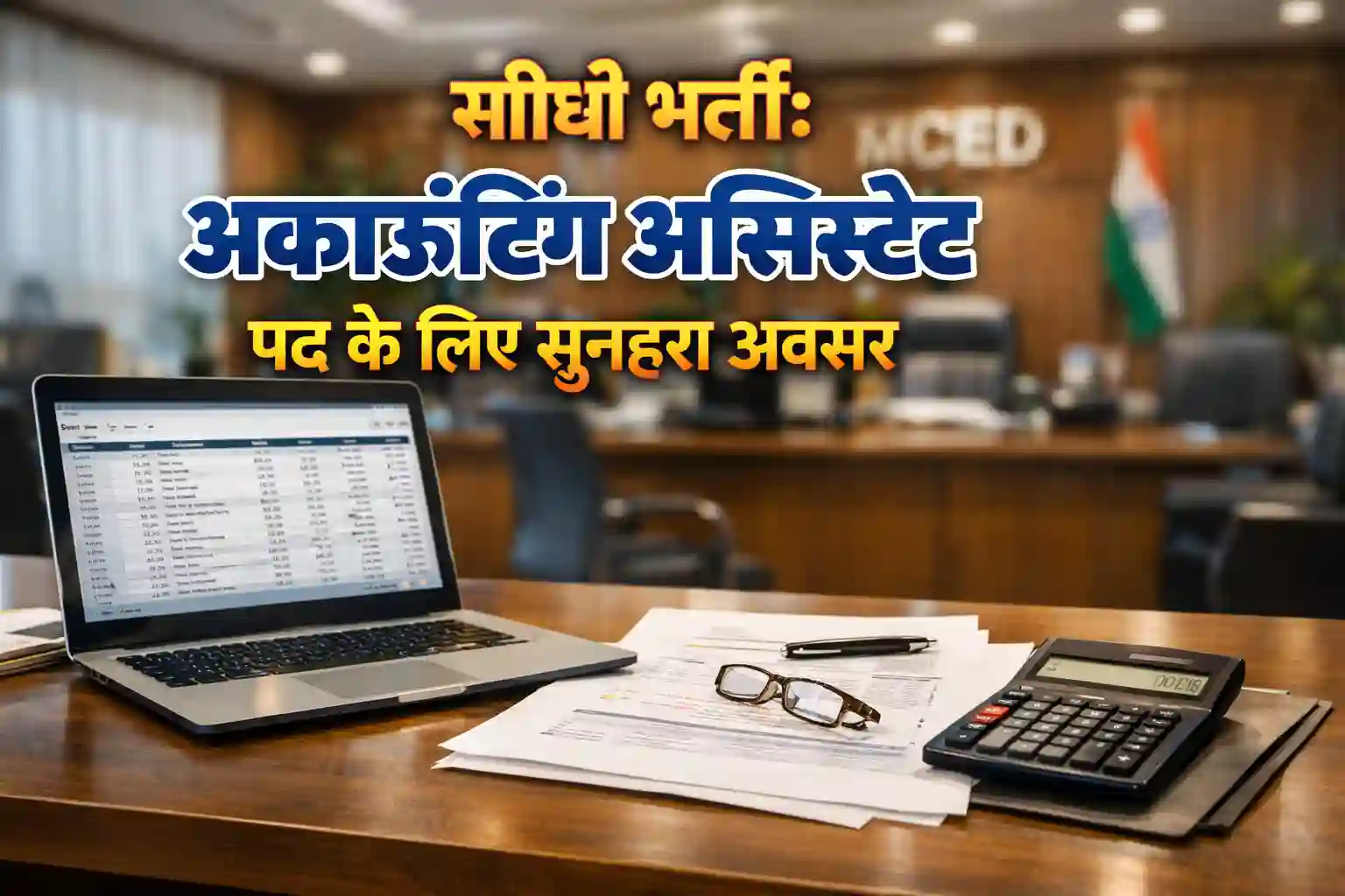 Professional office desk with accounting tools representing MCED Maharashtra Accounting Assistant job vacancy.